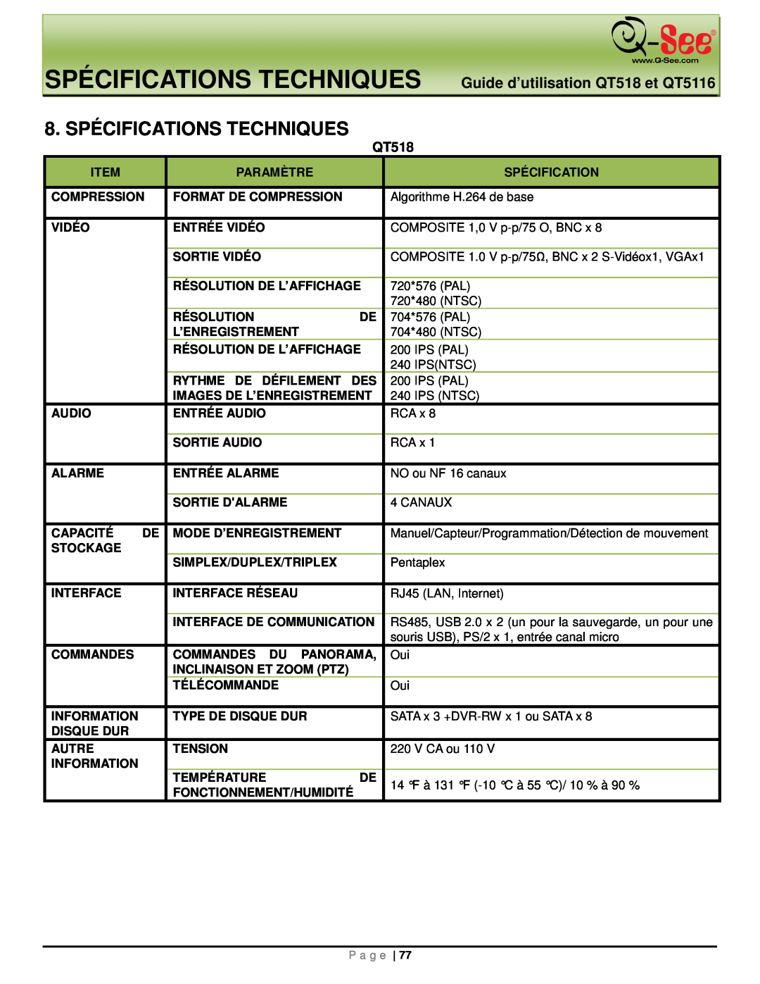 Q-See manual Spécifications Techniques, 8. SPÉCIFICATIONS TECHNIQUES, Guide d’utilisation QT518 et QT5116 
