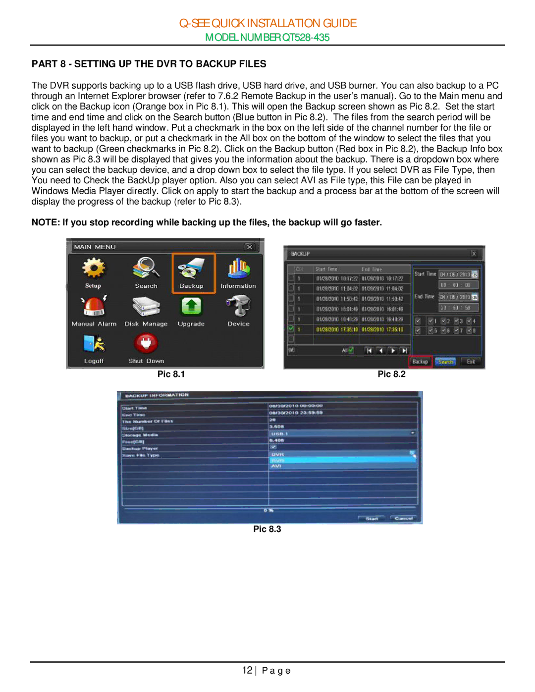 Q-See QT528-435 manual Part 8 Setting UP the DVR to Backup Files 