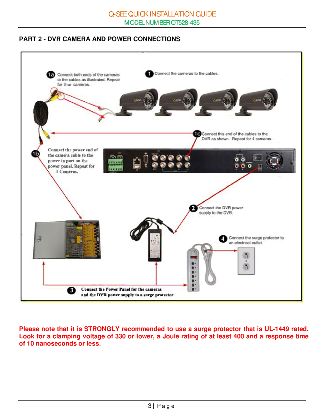 Q-See QT528-435 manual Part 2 DVR Camera and Power Connections 