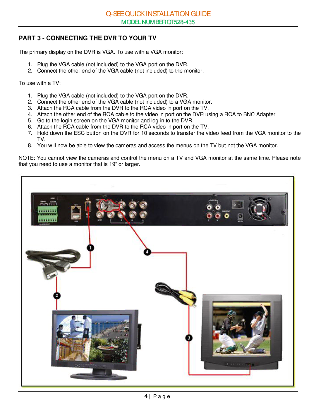 Q-See QT528-435 manual Part 3 Connecting the DVR to Your TV 