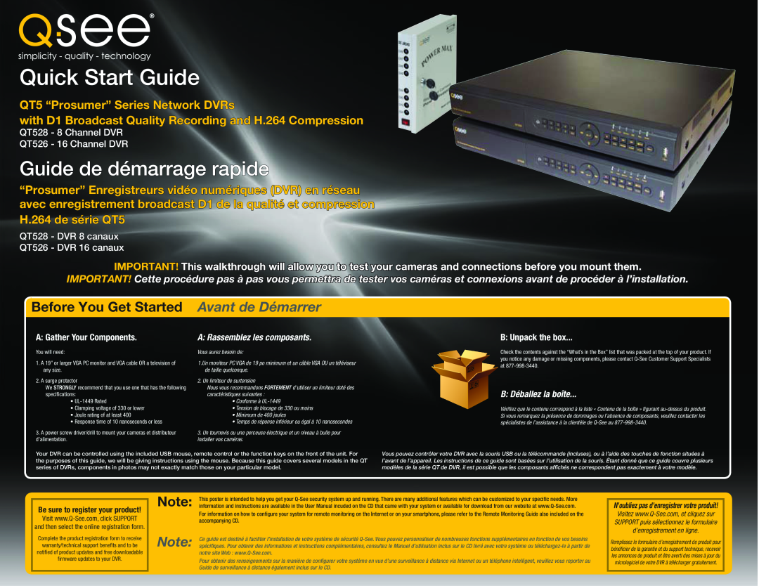 Q-See QT526, QT528 quick start Quick Start Guide, Be sure to register your product, QT5 “Prosumer” Series Network DVRs 