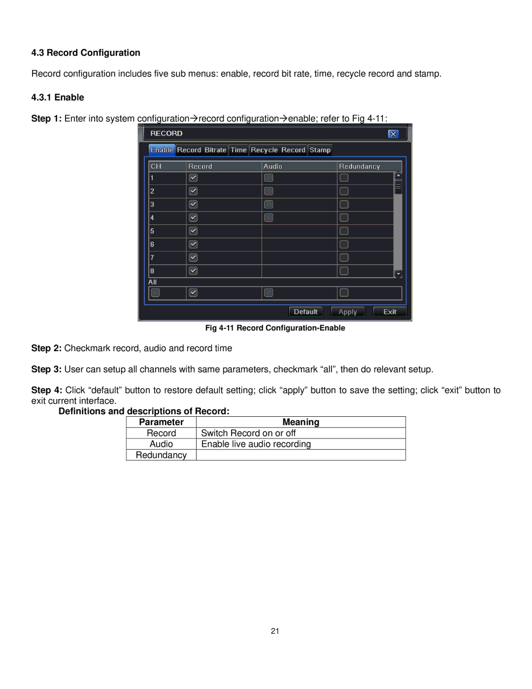 Q-See QT528 user manual Record Configuration, Enable, Definitions and descriptions of Record Parameter Meaning 