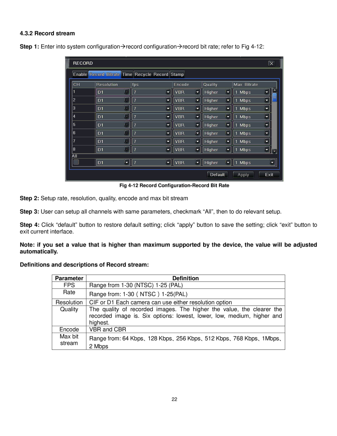 Q-See QT528 user manual Definitions and descriptions of Record stream 