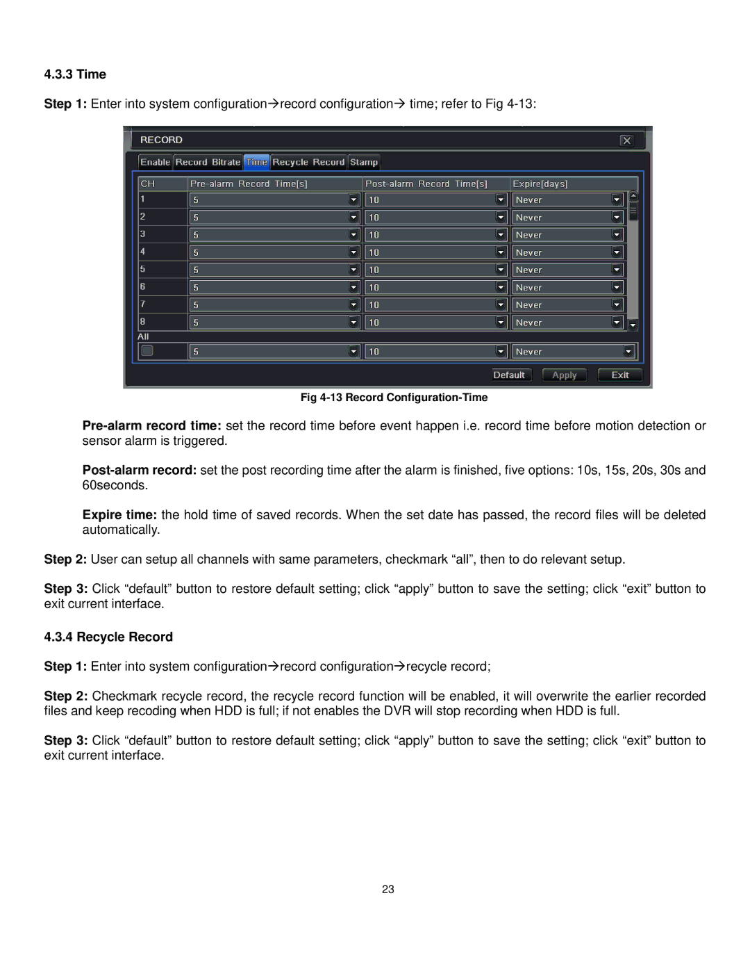 Q-See QT528 user manual Time, Recycle Record 