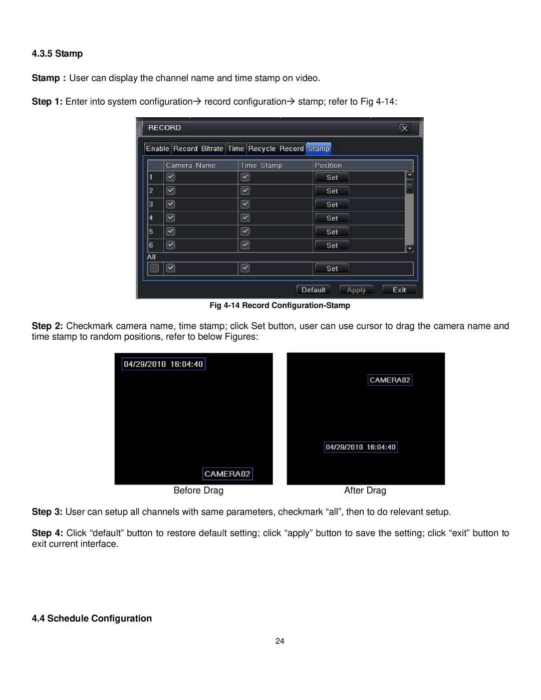 Q-See QT528 user manual Stamp, Schedule Configuration 