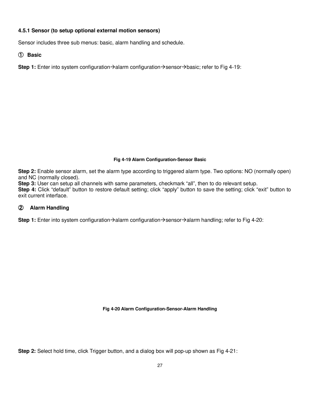 Q-See QT528 user manual Sensor to setup optional external motion sensors, ① Basic, ② Alarm Handling 