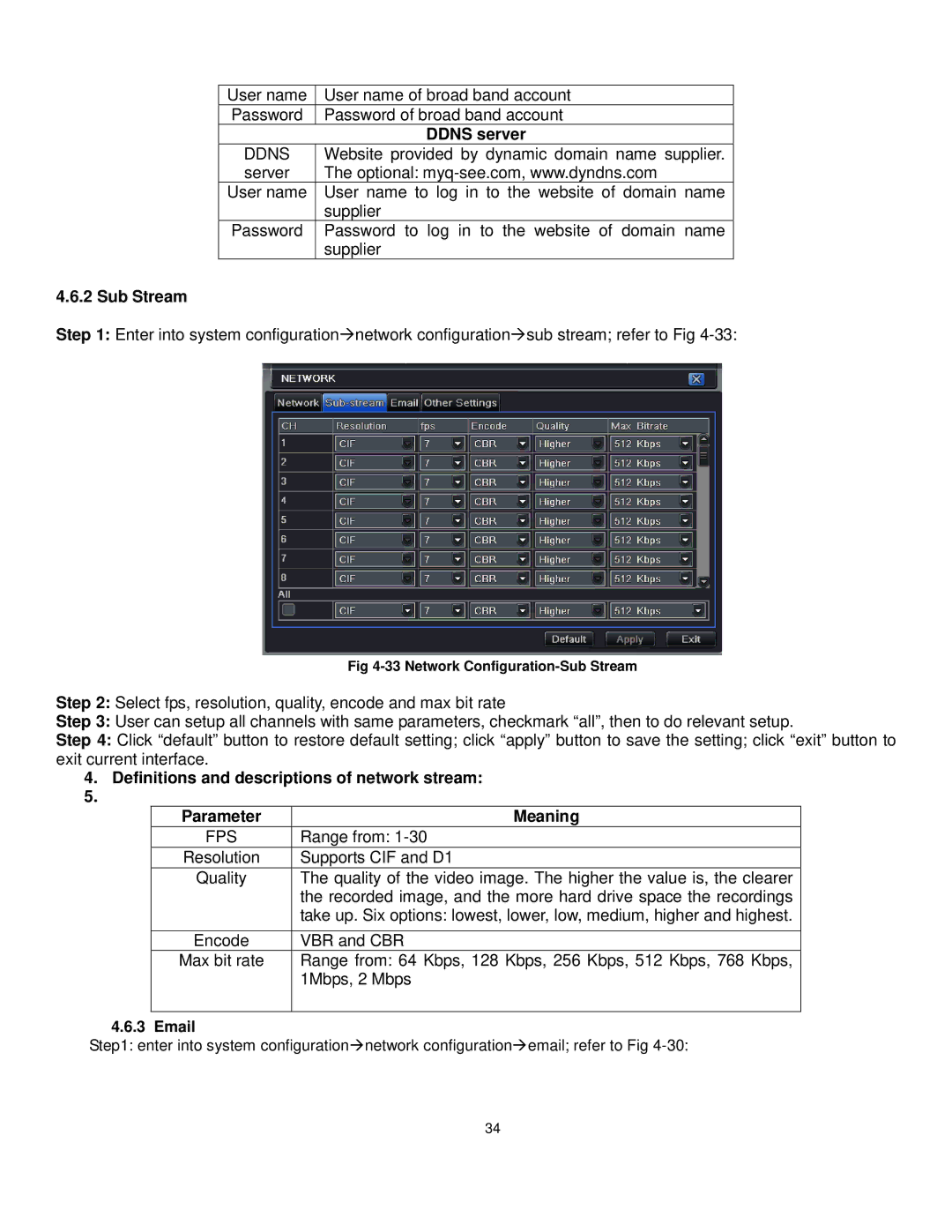 Q-See QT528 user manual Ddns server, Sub Stream, Definitions and descriptions of network stream 