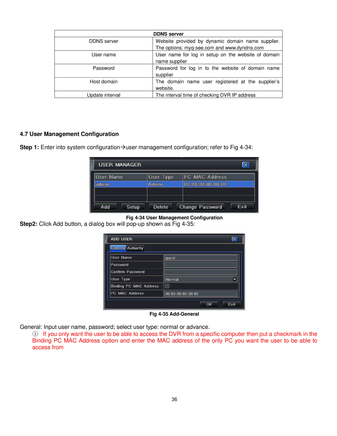 Q-See QT528 user manual User Management Configuration, Ddns server 