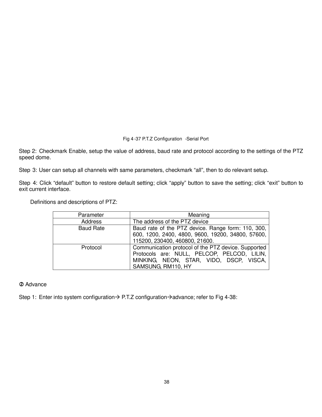 Q-See QT528 user manual Definitions and descriptions of PTZ Parameter Meaning,  Advance 