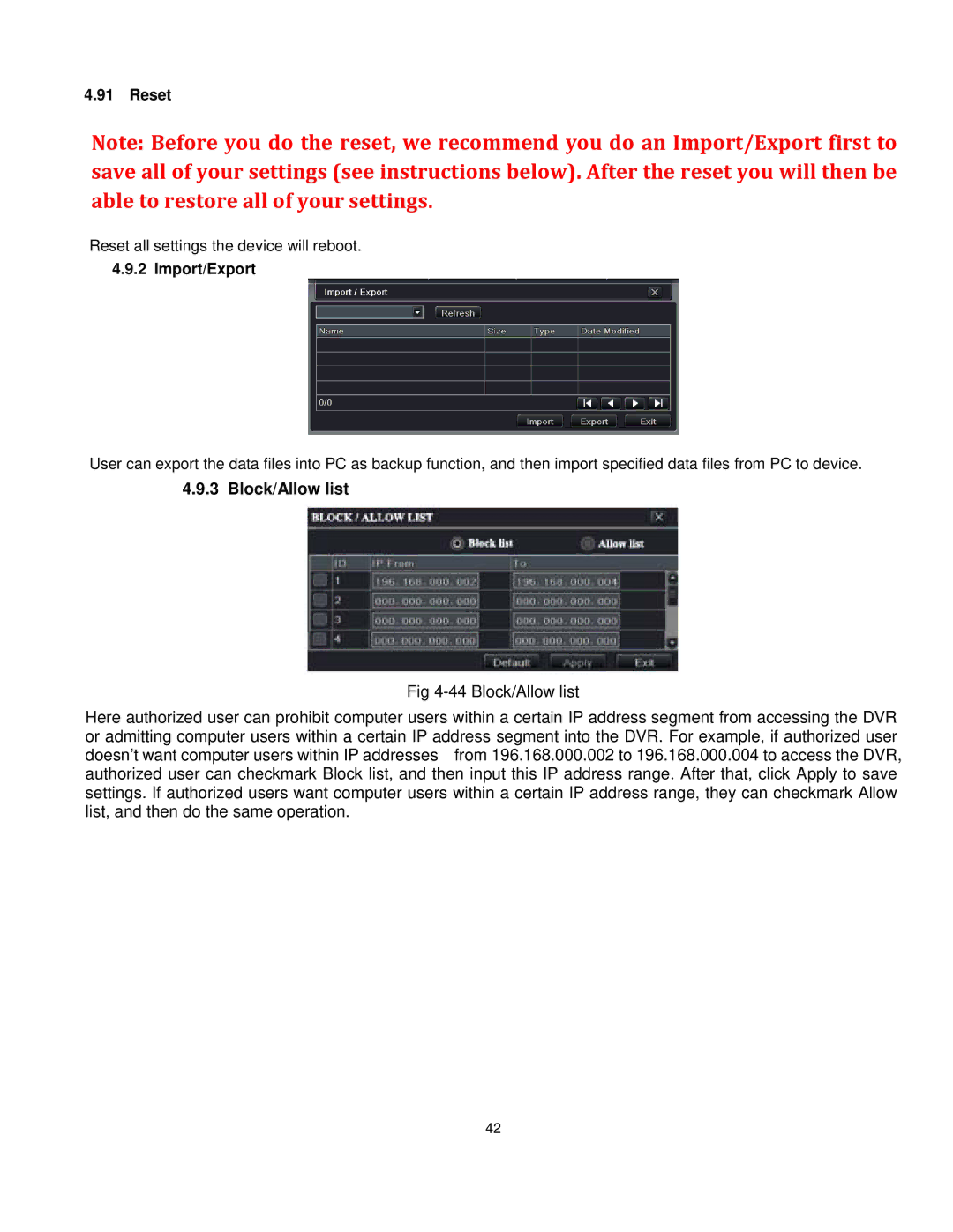 Q-See QT528 user manual Block/Allow list, Import/Export 