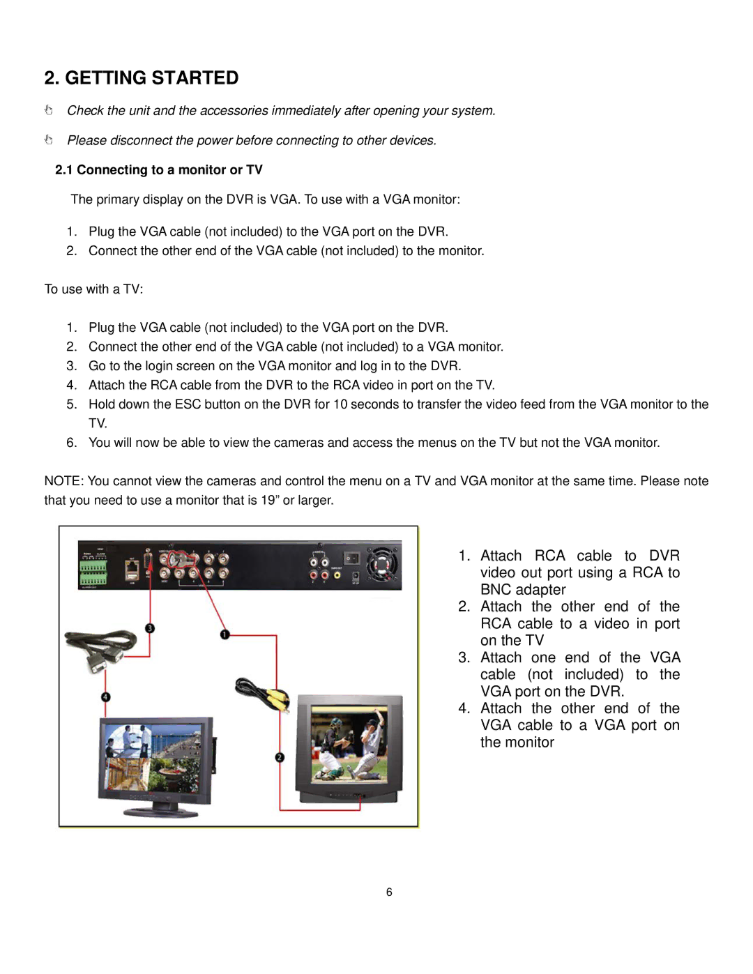 Q-See QT528 user manual Getting Started, Connecting to a monitor or TV 