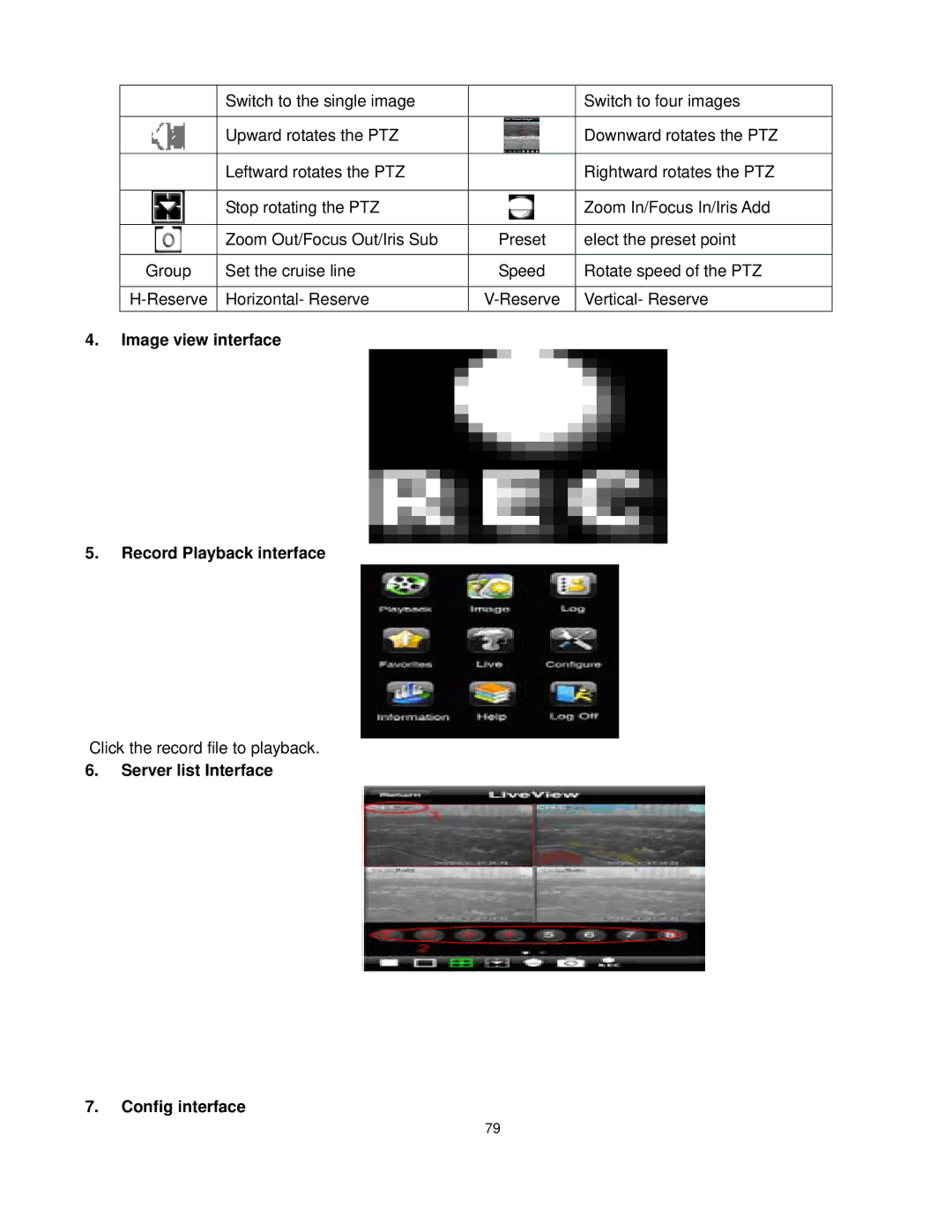 Q-See QT528 user manual Image view interface Record Playback interface, Server list Interface Config interface 