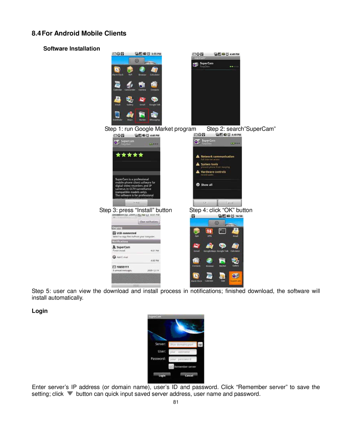 Q-See QT528 user manual 4For Android Mobile Clients, Software Installation 