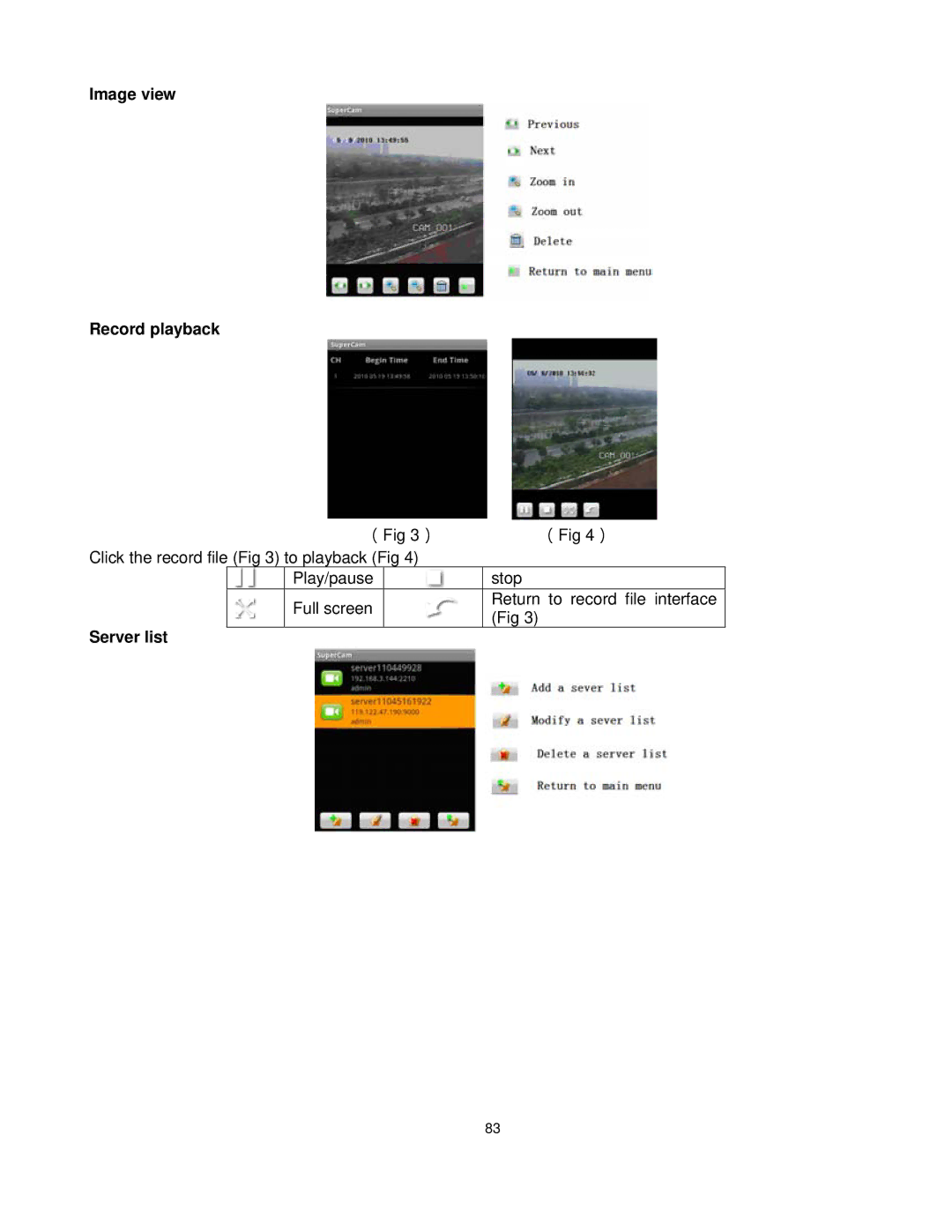 Q-See QT528 user manual Image view Record playback, Server list 