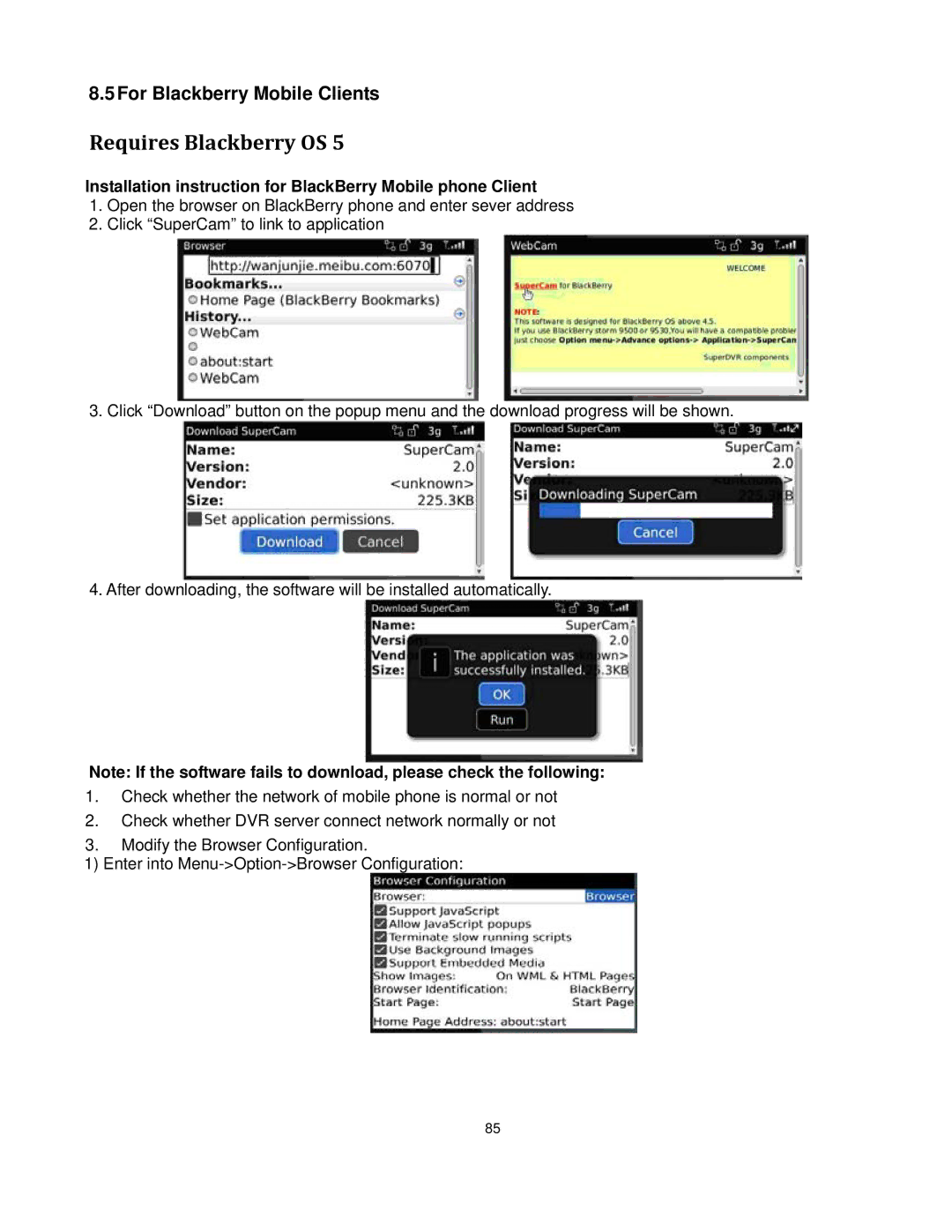 Q-See QT528 user manual Requires Blackberry OS, Installation instruction for BlackBerry Mobile phone Client 