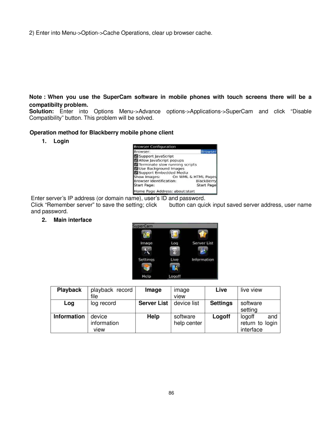 Q-See QT528 user manual Operation method for Blackberry mobile phone client Login, Main interface Playback 