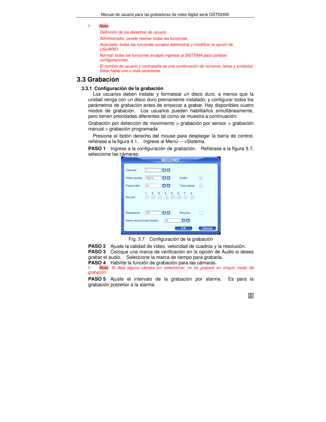 Q-See QTSD2408, QTSD2416, QTSD2404 manual Grabación, Configuración de la grabación 