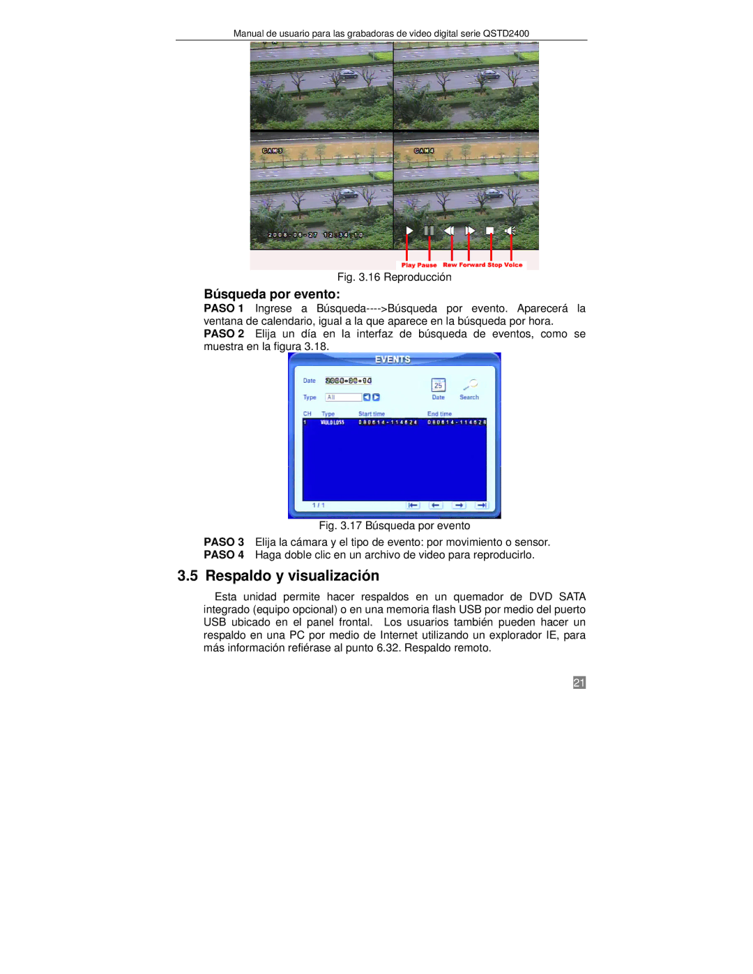 Q-See QTSD2408, QTSD2416, QTSD2404 manual Respaldo y visualización, Búsqueda por evento 