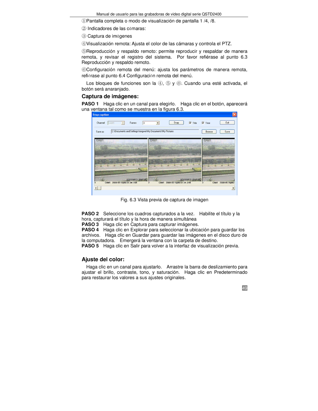 Q-See QTSD2404, QTSD2416, QTSD2408 manual Captura de imágenes, Ajuste del color 