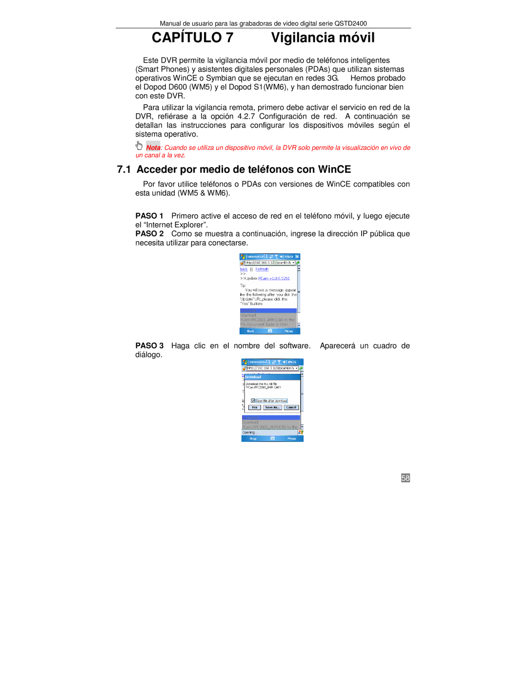 Q-See QTSD2404, QTSD2416, QTSD2408 manual Vigilancia móvil, Acceder por medio de teléfonos con WinCE 