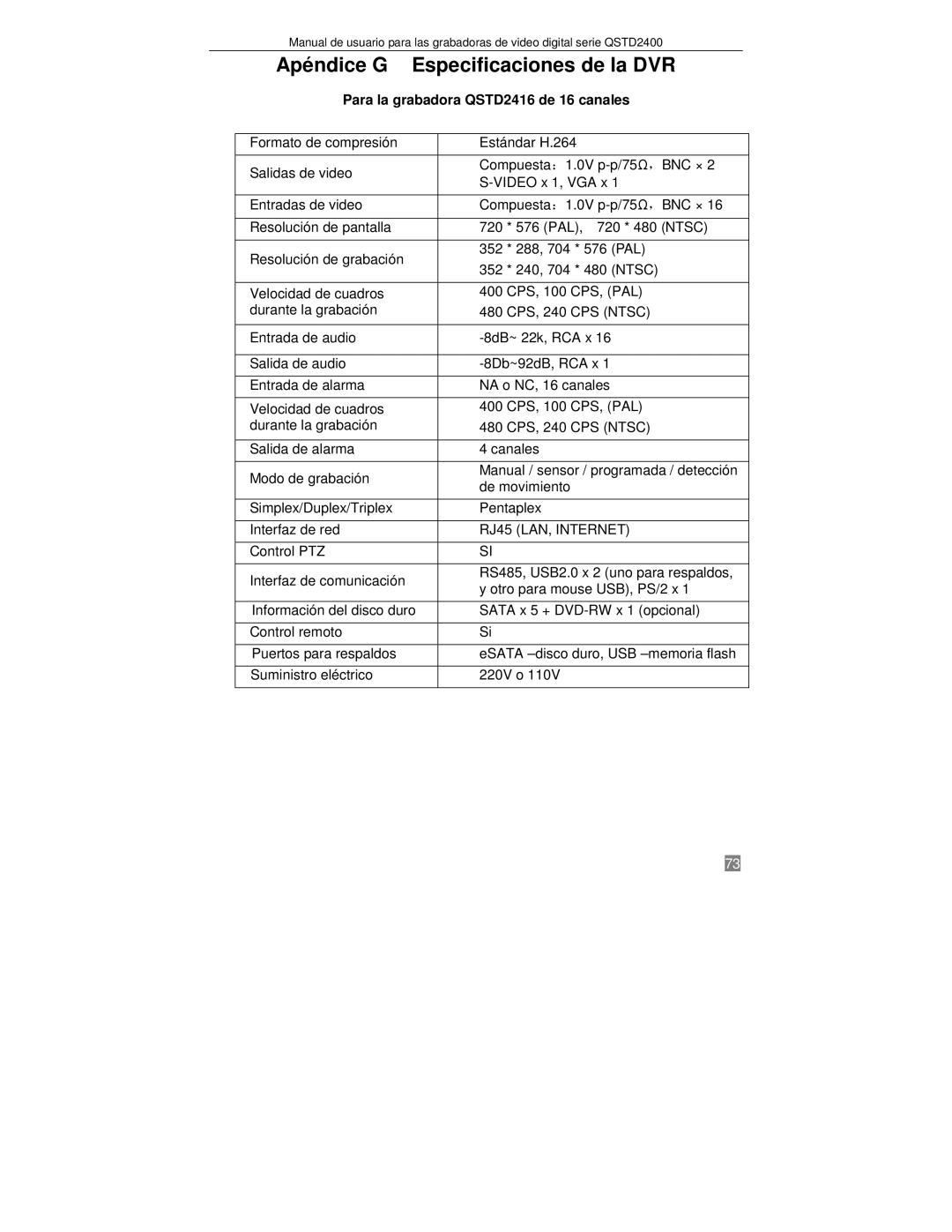 Q-See QTSD2404, QTSD2416, QTSD2408 manual Apéndice G Especificaciones de la DVR, Para la grabadora QSTD2416 de 16 canales 