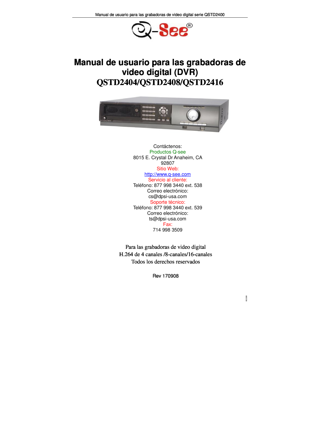 Q-See QTSD2408 manual Manual de usuario para las grabadoras de video digital DVR, QSTD2404/QSTD2408/QSTD2416, Sitio Web 