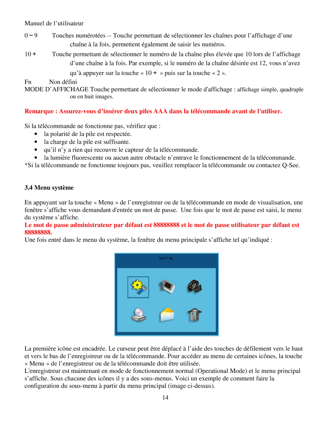 Q-See RV 060109 manual Menu système 