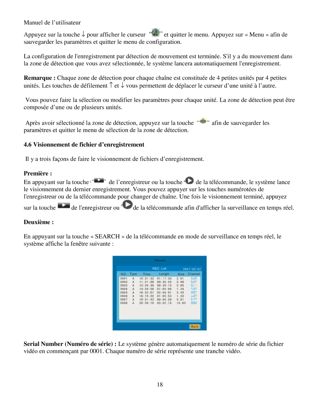 Q-See RV 060109 manual Visionnement de fichier d’enregistrement, Première, Deuxième 