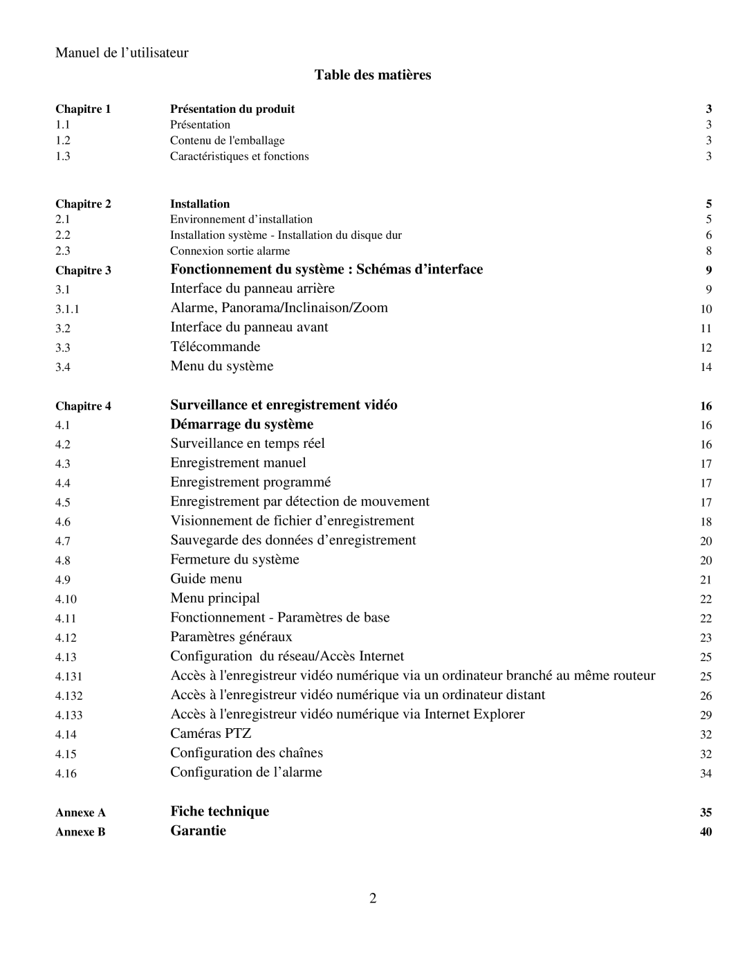 Q-See RV 060109 manual Table des matières, Fonctionnement du système Schémas d’interface, Fiche technique Garantie 