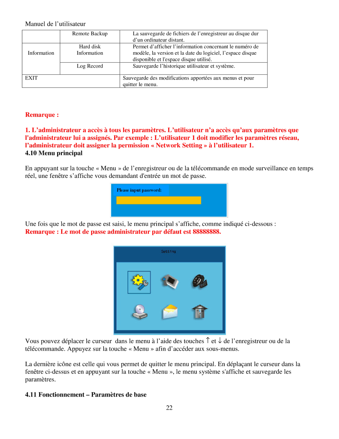 Q-See RV 060109 manual Menu principal, Fonctionnement Paramètres de base 