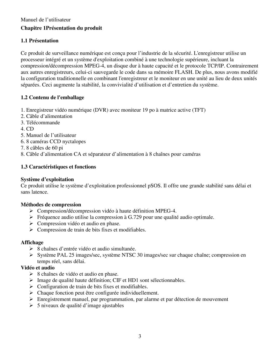 Q-See RV 060109 manual Chapitre 1Présentation du produit, Contenu de lemballage, Méthodes de compression, Affichage 