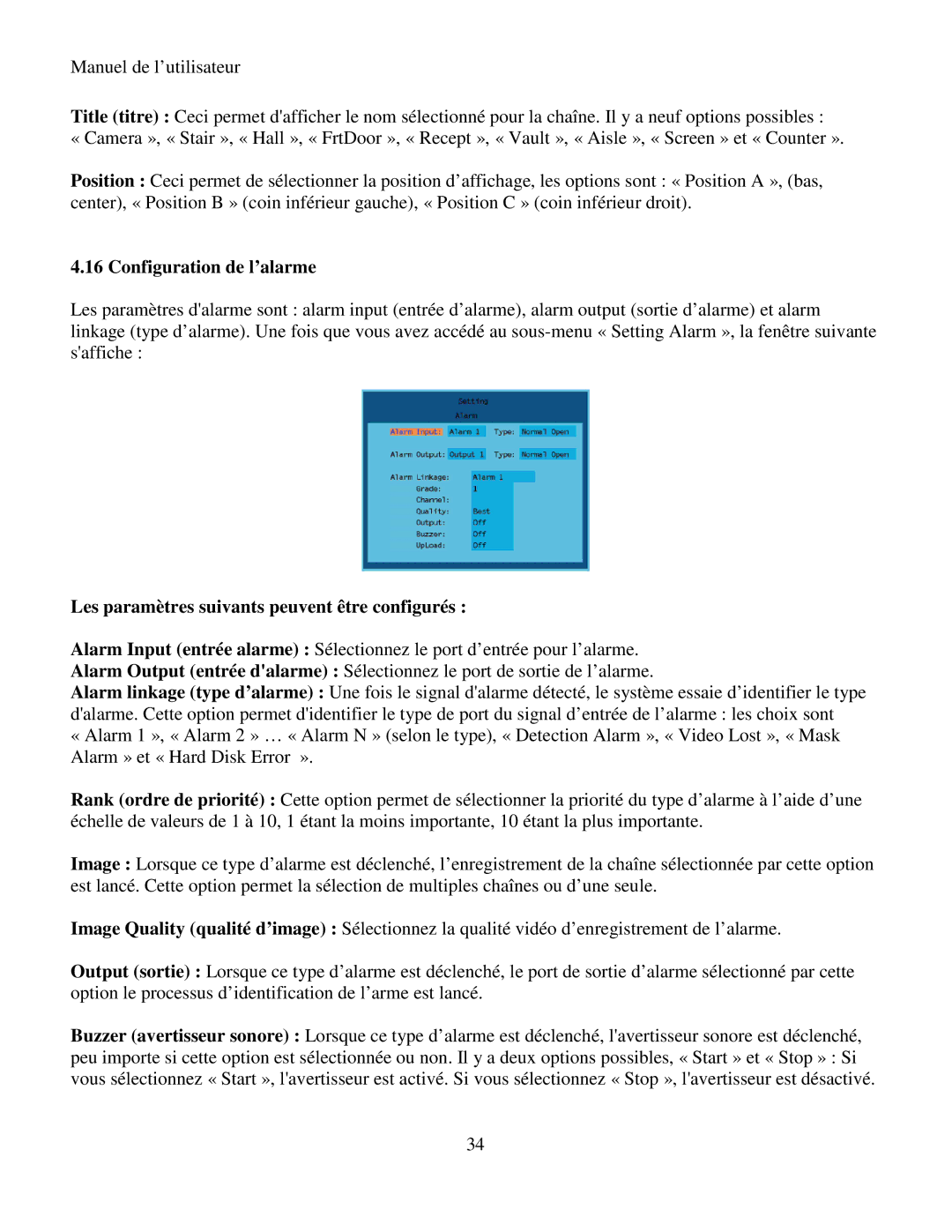 Q-See RV 060109 manual Configuration de l’alarme, Les paramètres suivants peuvent être configurés 