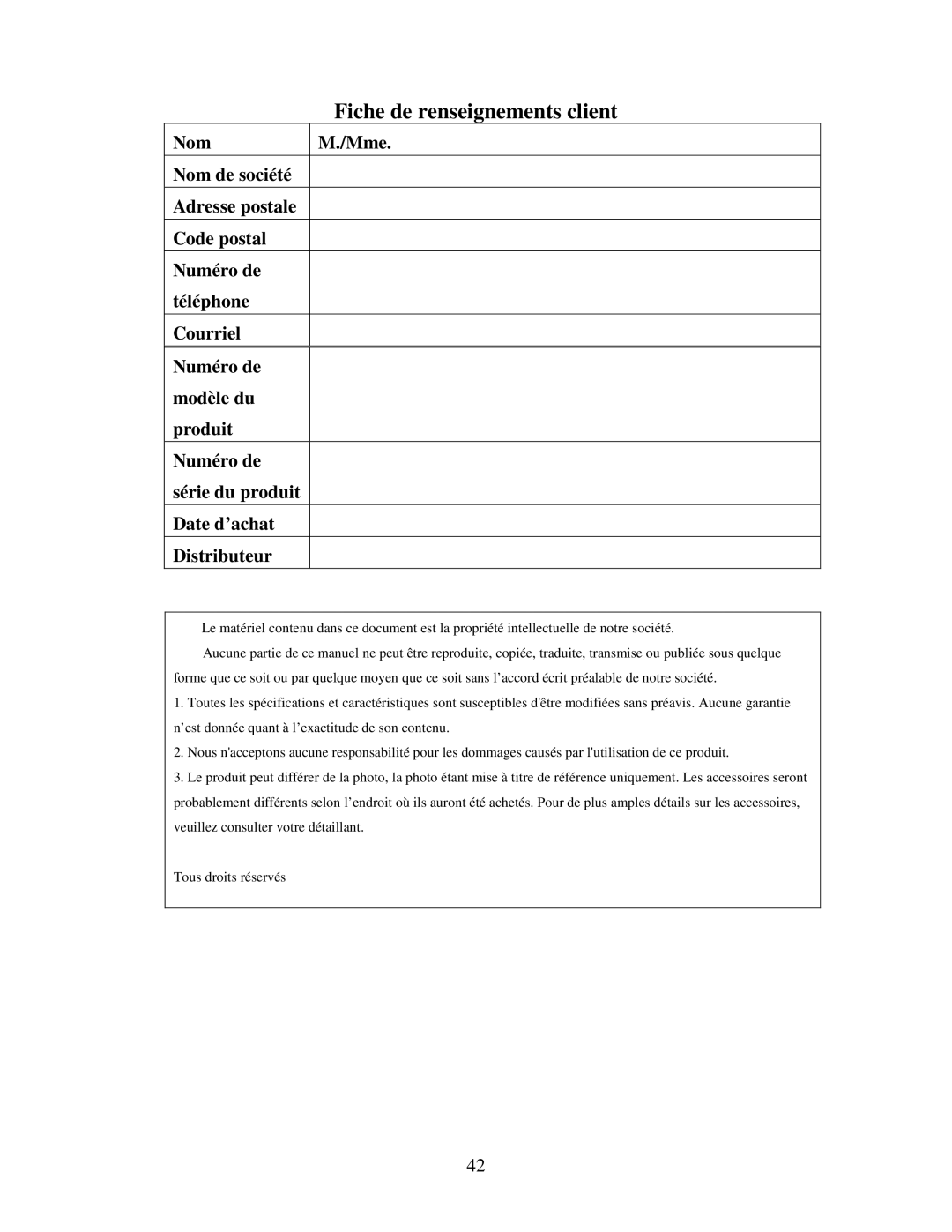 Q-See RV 060109 manual Nom Mme, Code postal Numéro de Téléphone Courriel Modèle du Produit, Date d’achat Distributeur 