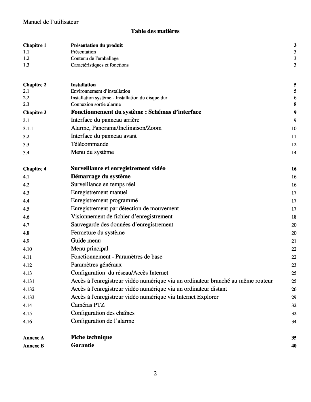 Q-See RV 060109 Table des matières, Fonctionnement du système : Schémas d’interface, Surveillance et enregistrement vidéo 