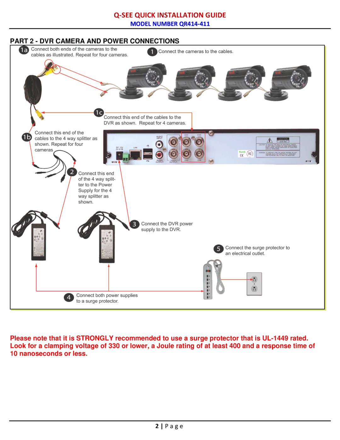 Q-See WR414-411 manual Part 2 DVR Camera and Power Connections 