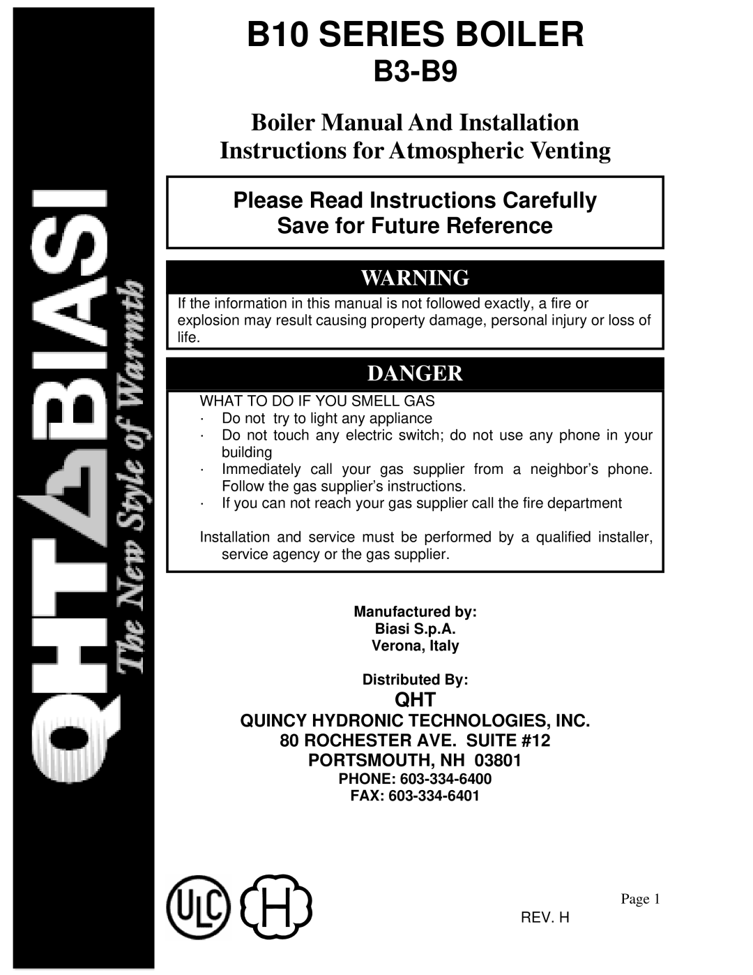 QHT B3-B9 installation instructions Manufactured by Biasi S.p.A Verona, Italy Distributed By, Phone FAX 