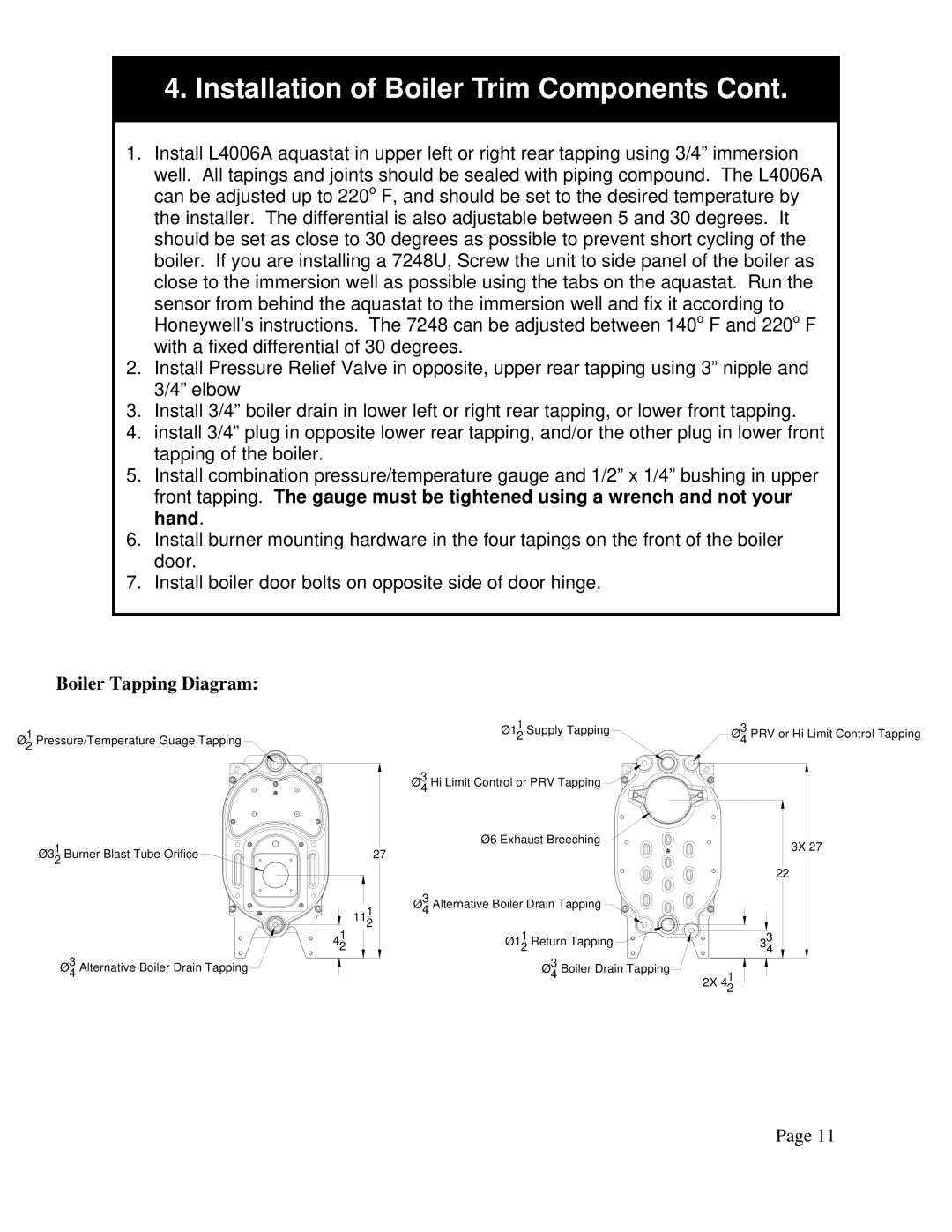 QHT B3-B9 installation instructions Installation of Boiler Trim Components, Boiler Tapping Diagram 