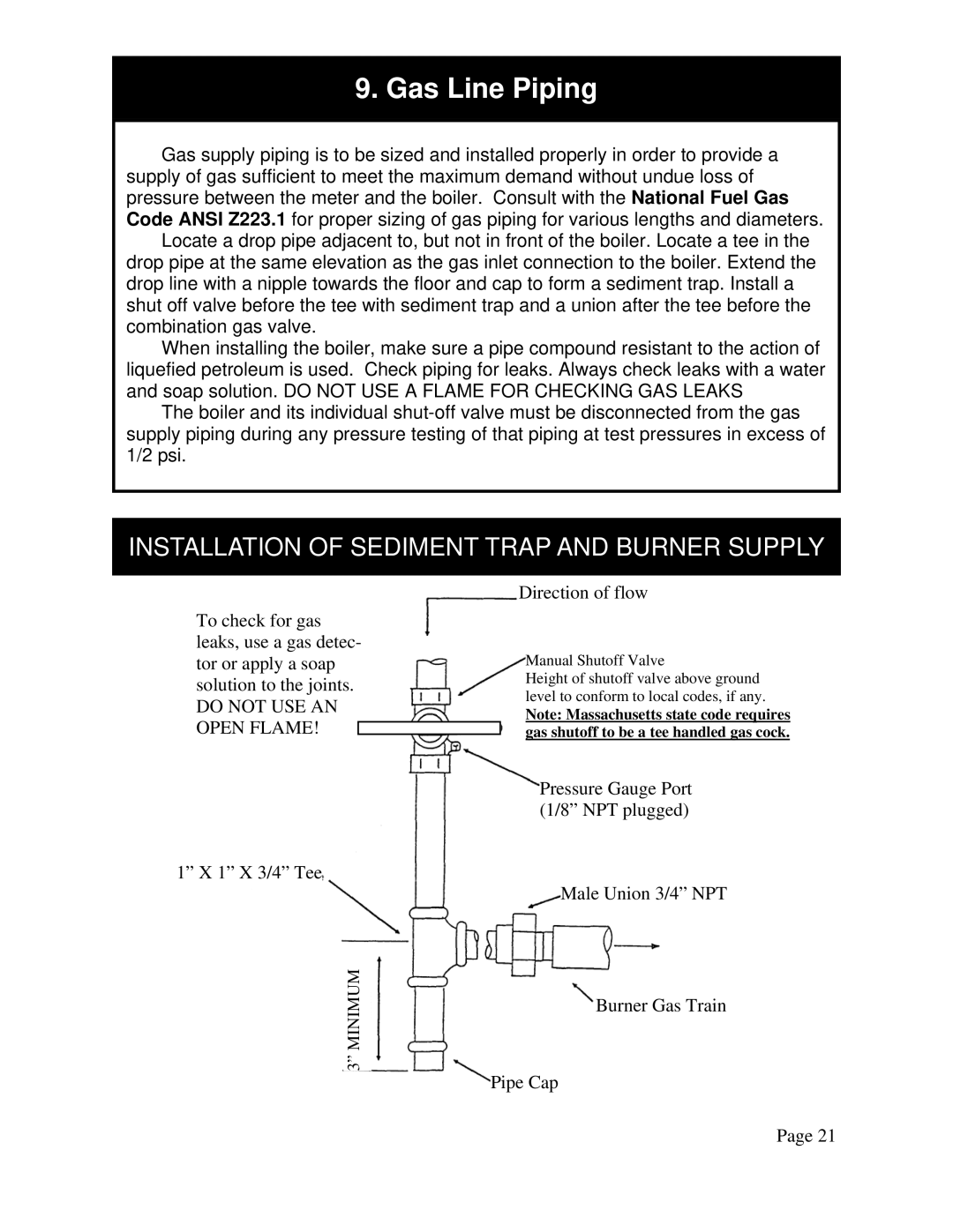 QHT B3-B9 installation instructions Gas Line Piping, Installation of Sediment Trap and Burner Supply 