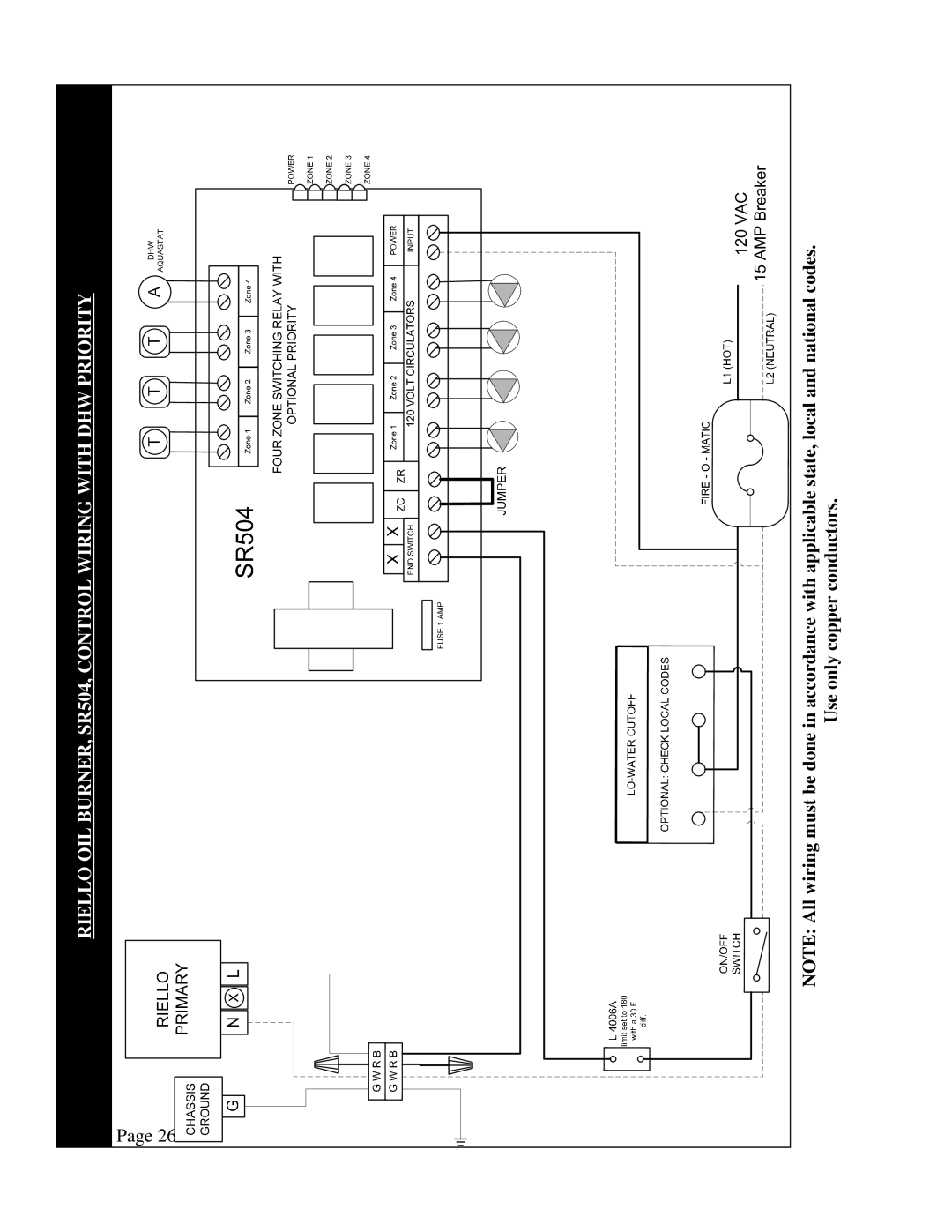 QHT B3-B9 installation instructions Riello OIL BURNER, SR504, Control Wiring with DHW Priority 