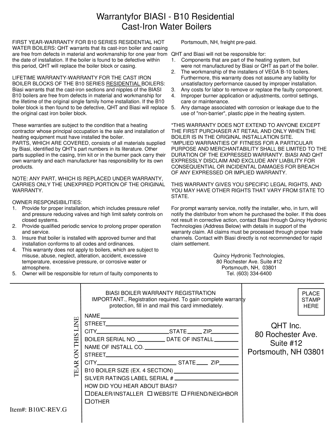 QHT B3-B9 installation instructions Tear on this Line 