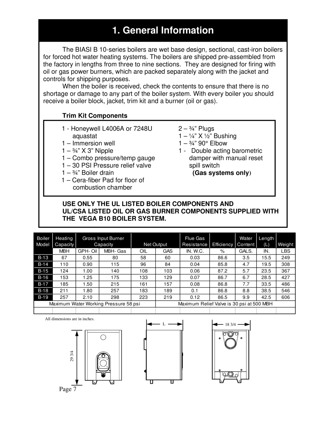 QHT B3-B9 installation instructions General Information, Trim Kit Components, Gas systems only 