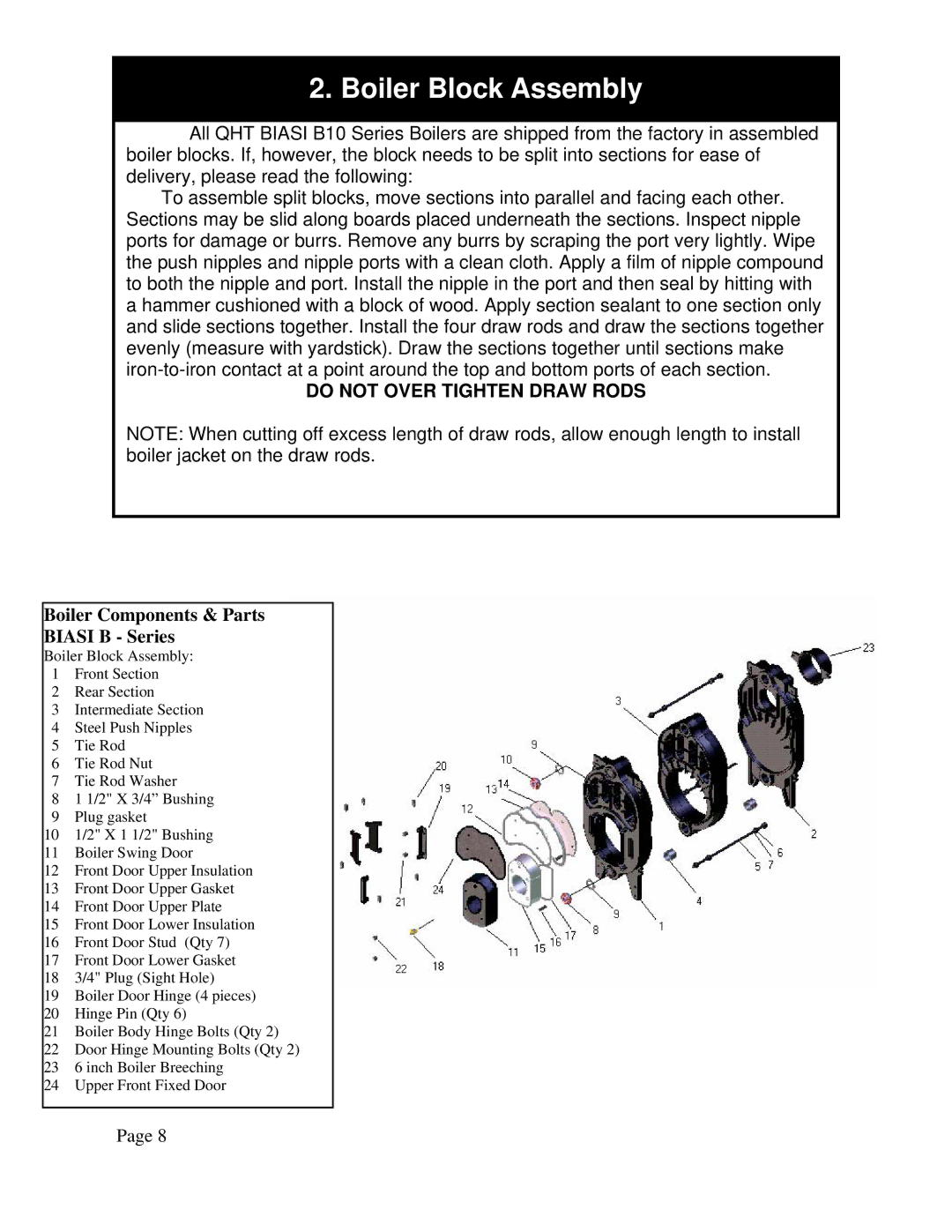 QHT B3-B9 installation instructions Boiler Block Assembly, Do not Over Tighten Draw Rods 