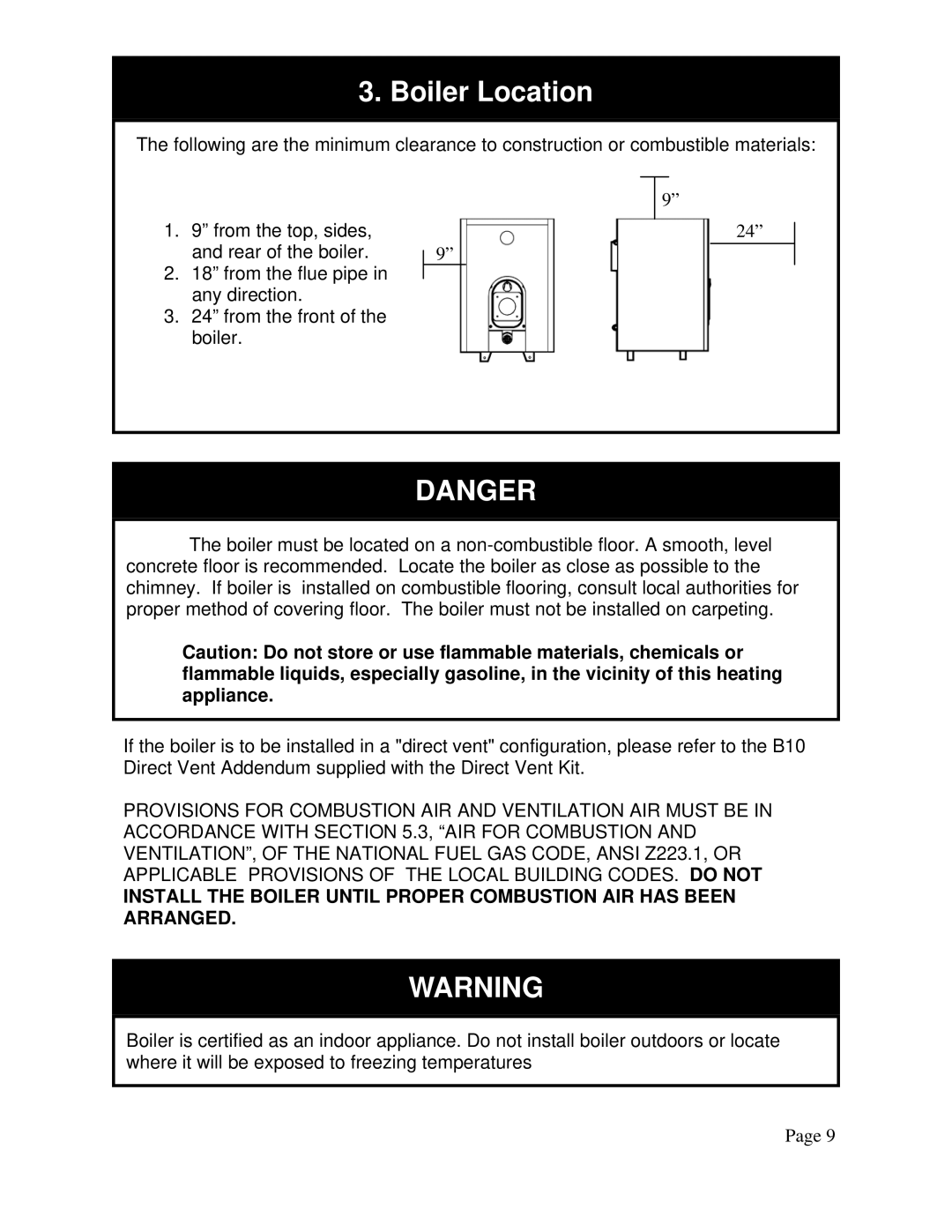 QHT B3-B9 installation instructions Boiler Location 