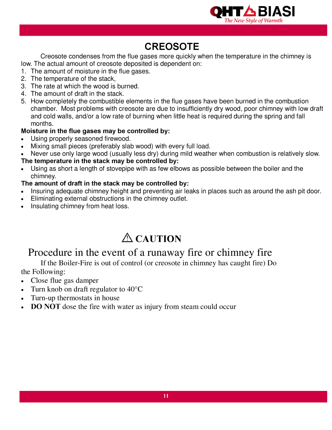 QHT Boiler manual Procedure in the event of a runaway fire or chimney fire 