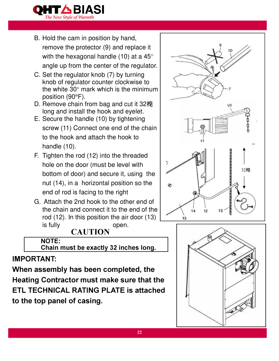 QHT Boiler manual Chain must be exactly 32 inches long 