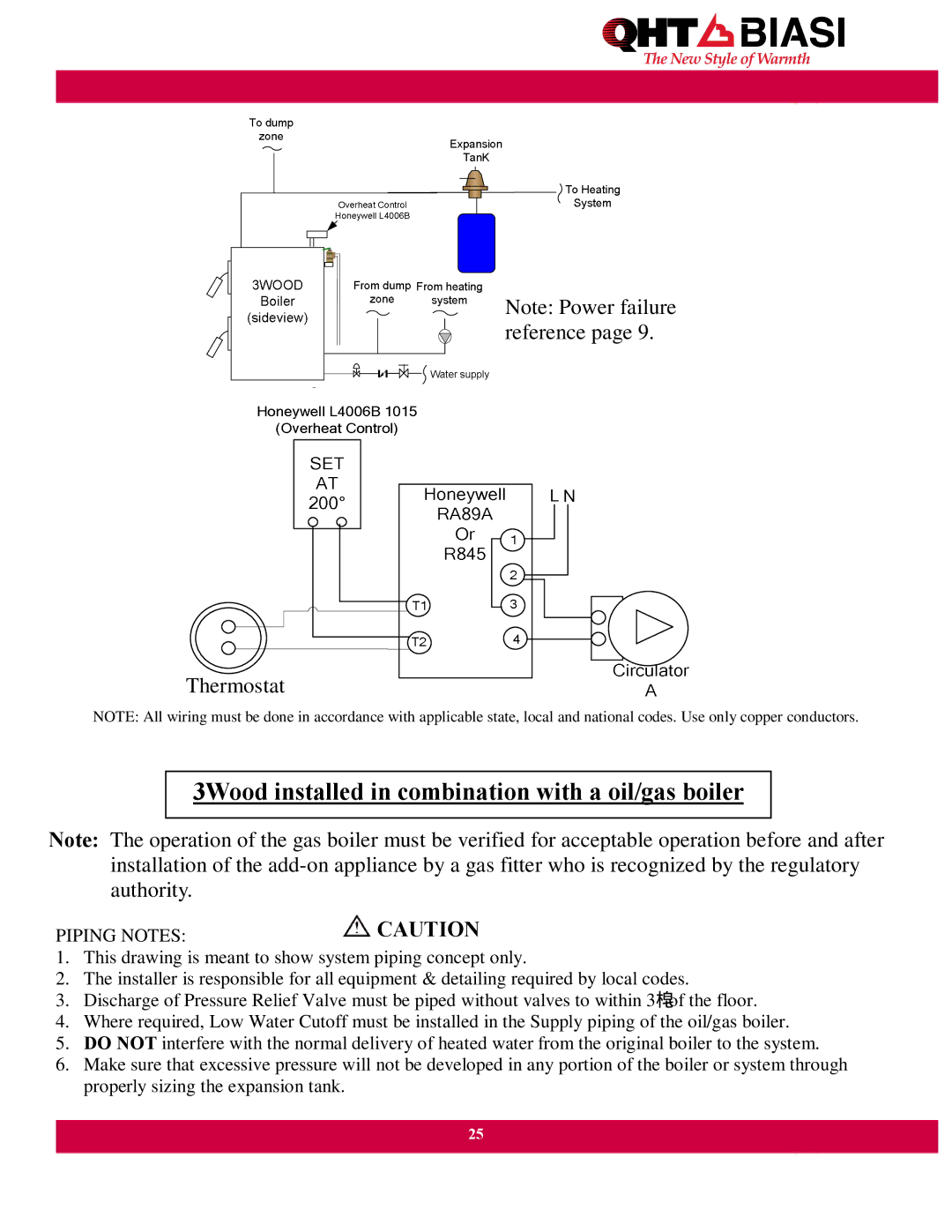 QHT Boiler manual 3Wood installed in combination with a oil/gas boiler, Piping Notes 