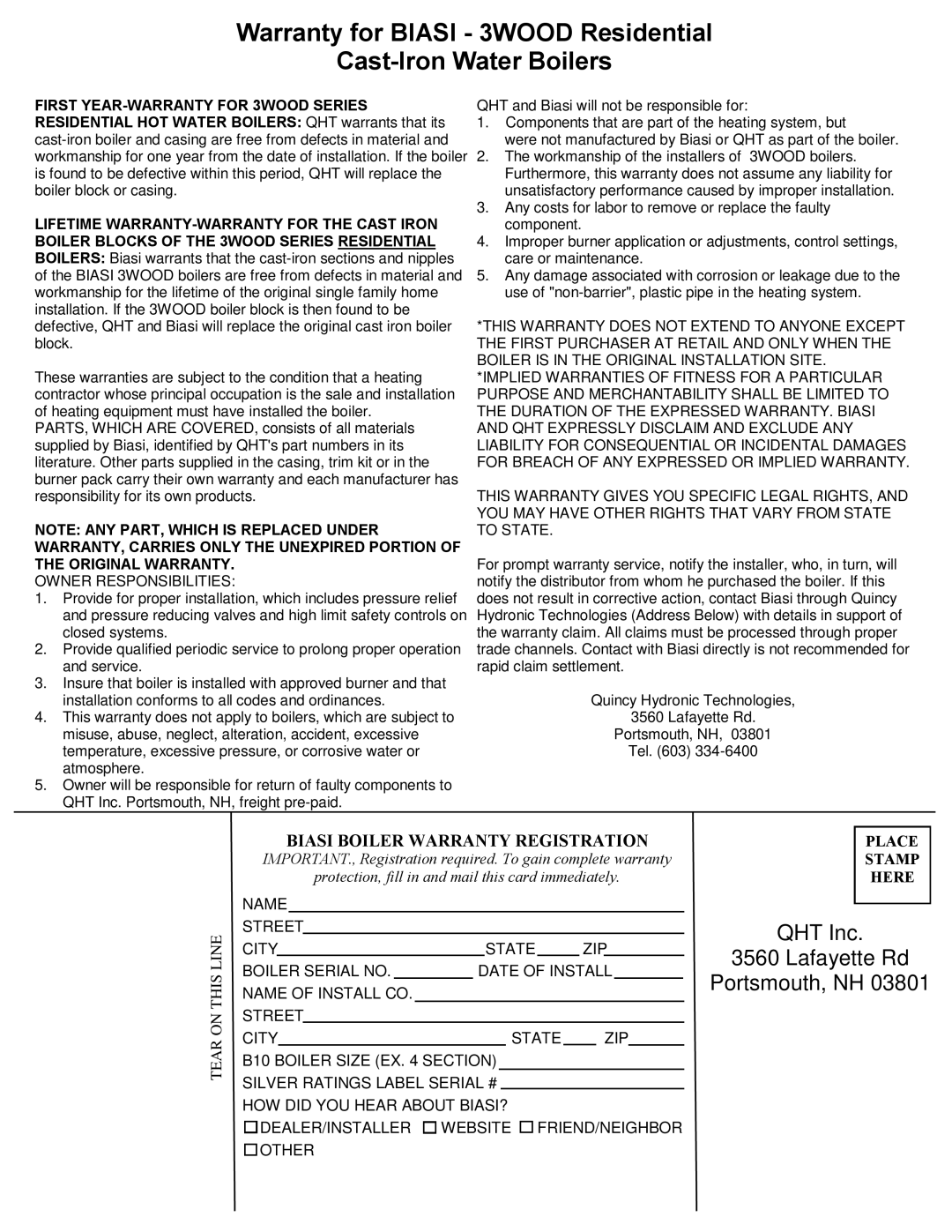 QHT manual Warranty for Biasi 3WOOD Residential Cast-Iron Water Boilers 