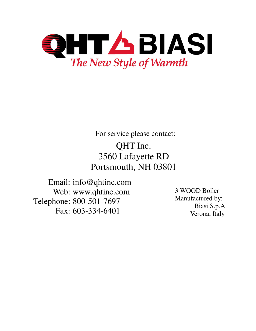 QHT Boiler manual Biasi S.p.A Verona, Italy 