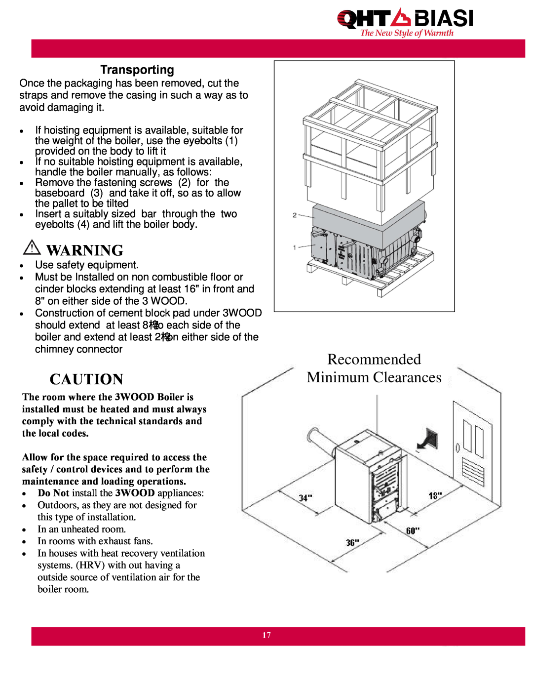 QHT Boiler manual Recommended Minimum Clearances, Transporting 