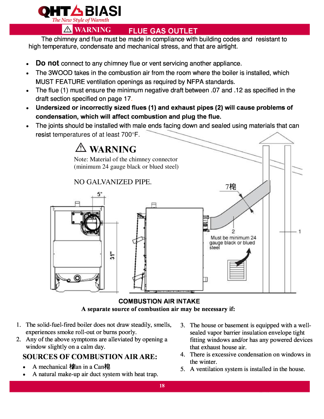 QHT Boiler manual No Galvanized Pipe, Sources Of Combustion Air Are, Flue Gas Outlet, Combustion Air Intake 